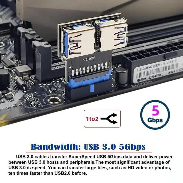 Alt view image 2 of 7 - WRIARICH Dual USB 3.0 Type-A Female to 20/19 Pin Motherboard Header Adapter, Horizontal 5Gbps PCBA USB Internal Slot Connector