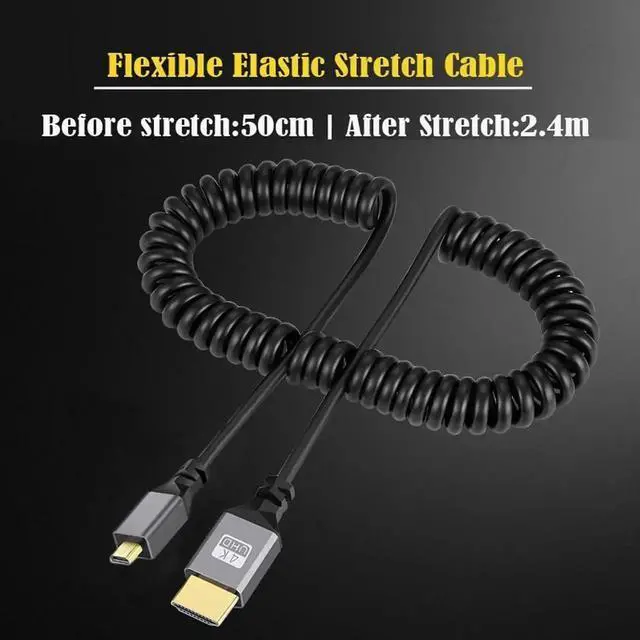 Alt view image 4 of 7 - WRIARICH Micro HDMI 2.0 Male to HDMI Male Coiled Stretch Cable, Supports 4K@60Hz Straight Connector for Laptop HDTV Monitor