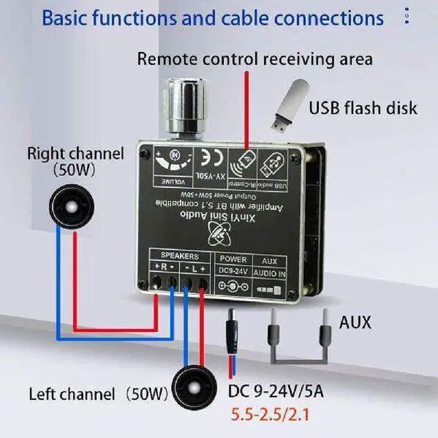 Alt view image 2 of 5 - WRIARICH XY-Y50L Stereo Audio Power Amplifier Board Module, Bluetooth 5.1, AUX USB Dual Channel, 50W+50W HiFi, Infrared Remote Control for DIY Speakers