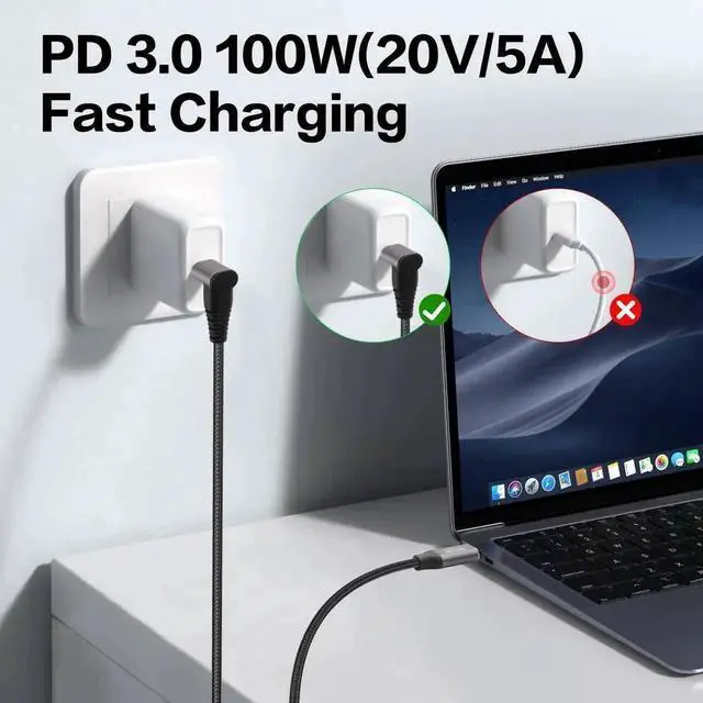 Alt view image 6 of 6 - WRIARICH 0.5M (1.6FT) 90 Degree USB-C to USB-C Cable, USB 3.1 Gen2 10Gbps Data, 4K@60Hz Video, 100W Fast Charging Cord