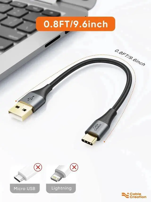 Alt view image 6 of 7 - WRIARICH 0.2m (0.8ft) Braided USB-A to USB-C Short Cable, Charging & Data Cord for CarPlay, Samsung Galaxy, MacBook, iPad