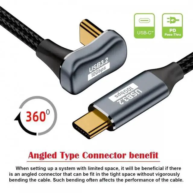 Alt view image 5 of 7 - WRIARICH 50cm U-Shape Back Angled USB-C to USB-C Cable, USB 3.1 10Gbps 100W Male to Male Extension Cord with Protective Sleeve