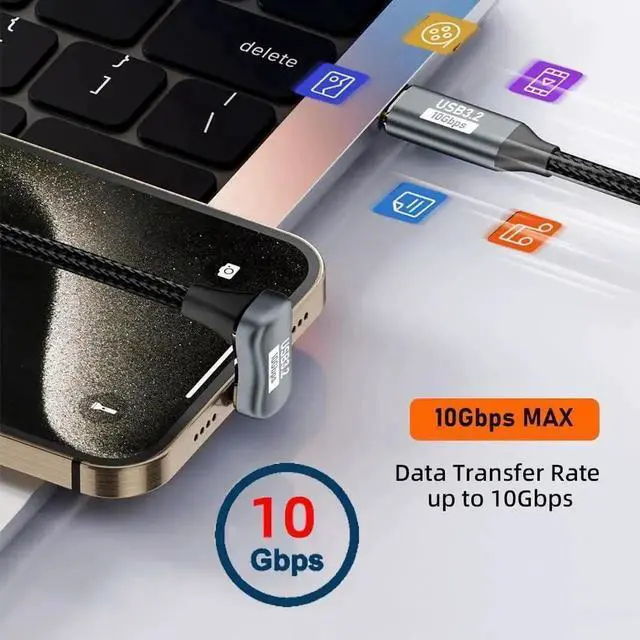 Alt view image 4 of 7 - WRIARICH 50cm U-Shape Back Angled USB-C to USB-C Cable, USB 3.1 10Gbps 100W Male to Male Extension Cord with Protective Sleeve