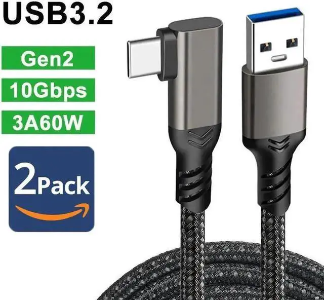 Main image of WRIARICH 2-Pack 1.6FT Right Angle USB-A to USB-C Cable, USB 3.1/3.2 10Gbps & 60W 3A Fast Charging Cord for Android Auto, Samsung, VR Link, External SSD