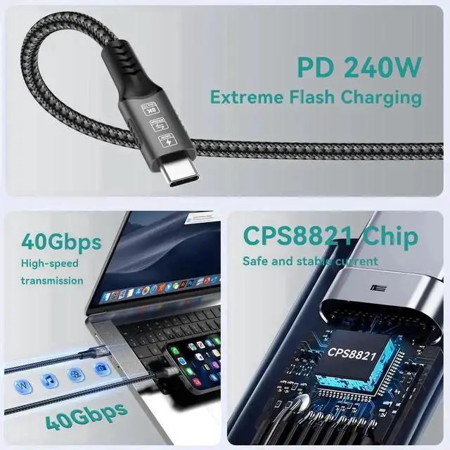 Alt view image 2 of 7 - WRIARICH 1.6FT USB C Cable, 240W PD Fast Charging, USB4 40Gbps Data Cable, 8K@60Hz HD Display, Thunderbolt 4/3 Compatible for iPhone 16, MacBook, Hub, Docking