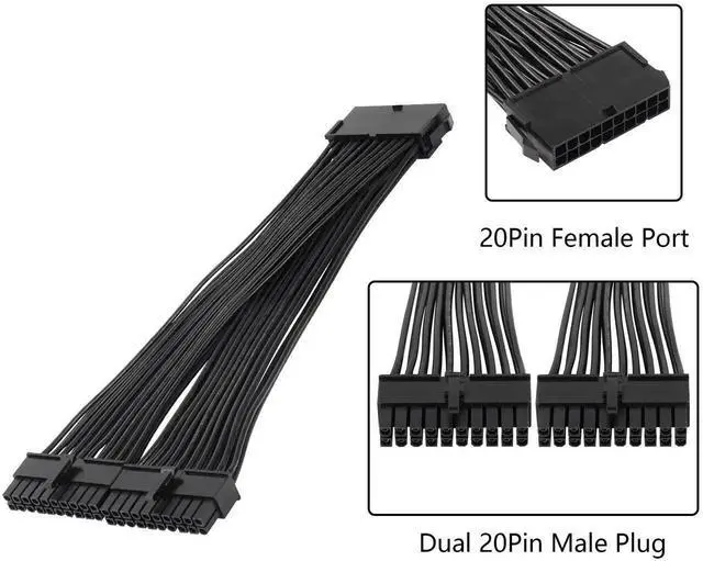 Alt view image 4 of 5 - WRIARICH 24cm ATX 20Pin PSU Splitter Cable, 18AWG 20Pin Female to Dual Male Power Extension Cord for Desktop Power Supply Expansion
