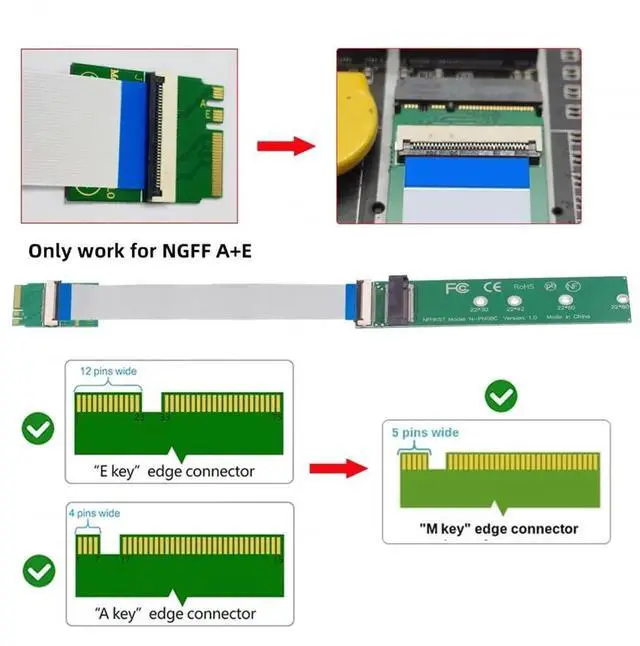 Alt view image 4 of 7 - WRIARICH NGFF 2230 A+E-Key Male to NVMe M-Key Female PCIe 4.0 Extension Flat Cable, M.2 SSD Riser Adapter Support 2230/2242/2260/2280 NVMe SSD for Laptop Motherboard