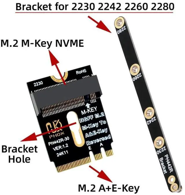 Alt view image 3 of 7 - WRIARICH 2230 NGFF A+E-Key Male to NVMe M-Key Female PCIe 4.0 SSD Extension Adapter with Fixed Mount Bracket, M.2 Riser Card for Laptop Motherboard 2280 NVMe SSD