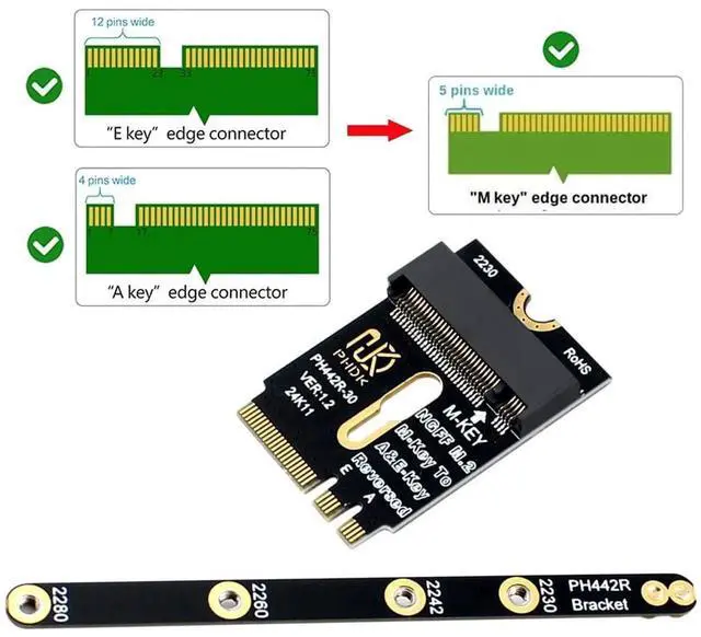 Alt view image 6 of 7 - WRIARICH 2230 NGFF A+E-Key Male to NVMe M-Key Female PCIe 4.0 SSD Extension Adapter with Fixed Mount Bracket, M.2 Riser Card for Laptop Motherboard 2280 NVMe SSD