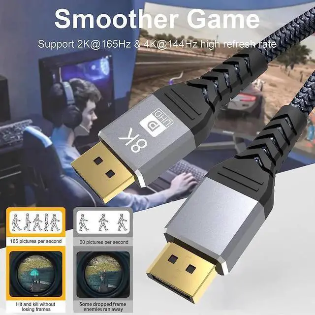 Alt view image 6 of 7 - WRIARICH 8K DisplayPort 1.4 Cable 16.4 Feet, DP Cord (8K@60Hz 4K@144Hz 1080P@240Hz 2K 32.4Gbps) HBR3 HDCP HDR,FreeSync G-Sync,Braided Display Port for Laptop, PC, Projector, TV, Gaming Monitor