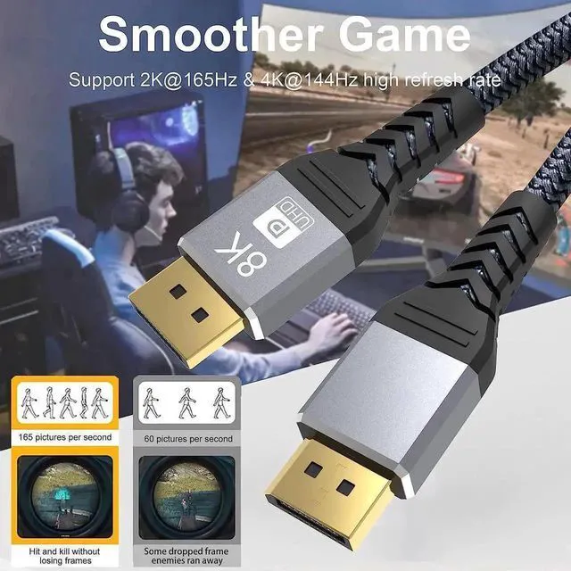 Alt view image 6 of 7 - WRIARICH 8K DisplayPort 1.4 Cable 6.6 Feet, DP Cord (8K@60Hz 4K@144Hz 1080P@240Hz 2K 32.4Gbps) HBR3 HDCP HDR,FreeSync G-Sync,Braided Display Port for Laptop, PC, Projector, TV, Gaming Monitor