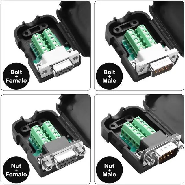 Alt view image 7 of 7 - WRIARICH 1 Pair DB9 Male & Female RS232 Breakout Boards, 9Pin D-SUB Solderless Terminal Signal Module with Protective Housing & Long Mounting Bolts (Type B)