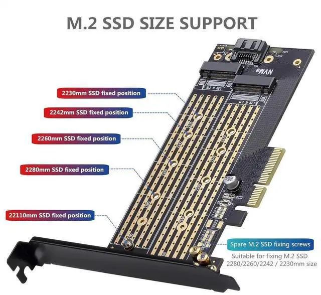 Alt view image 4 of 7 - WRIARICH Dual M.2 PCIe x4 Expansion Card with Heatsink, Supports NVMe M-Key & SATA B-Key SSDs, Fits 223022110 Sizes