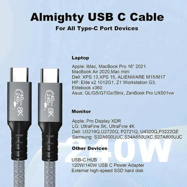 Alt view image 4 of 7 - WRIARICH 1.6FT USB4 USB-C to USB-C Cable, 240W Fast Charging, 40Gbps Data, 8K/5K@60Hz Video, Compatible with Thunderbolt 3/4 for MacBook, Samsung S22, eGPU, Docking & GaN Charger
