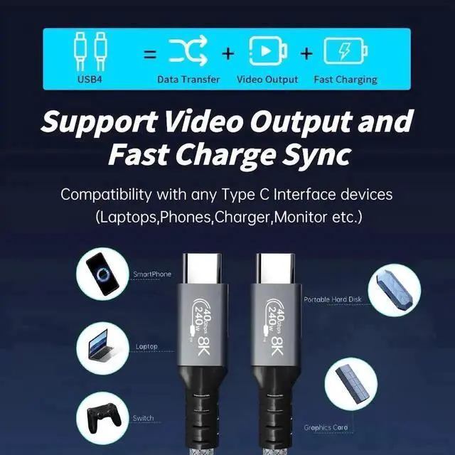 Alt view image 6 of 7 - WRIARICH 1.6FT USB4 USB-C to USB-C Cable, 240W Fast Charging, 40Gbps Data, 8K/5K@60Hz Video, Compatible with Thunderbolt 3/4 for MacBook, Samsung S22, eGPU, Docking & GaN Charger