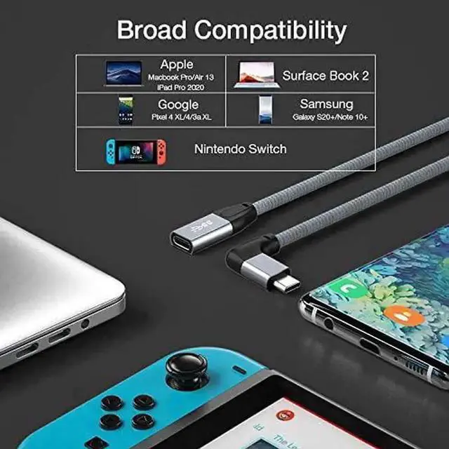 Alt view image 3 of 7 - WRIARICH 3.3FT/1M Right Angle USB-C 3.1 Gen2 Extension Cable, 90 Degree Male to Female Extender, 10Gbps Data & 4K Video for Thunderbolt 3, MacBook, iPad Pro, Nintendo Switch