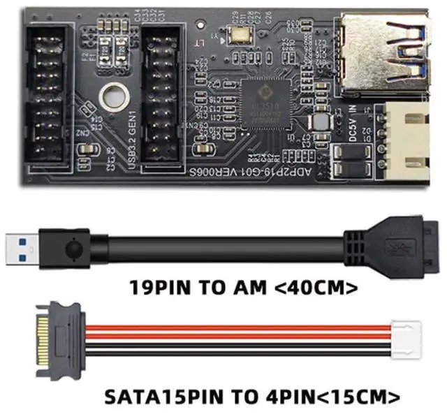 Alt view image 3 of 6 - WRIARICH USB 3.0 19/20Pin 1 to 2 Splitter Hub, Internal Port Multiplier PCBA Adapter with SATA Power Cable for Desktop Motherboard