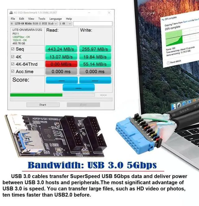 Alt view image 5 of 6 - WRIARICH USB 3.0 19/20Pin 1 to 2 Splitter Hub, Internal Port Multiplier PCBA Adapter with SATA Power Cable for Desktop Motherboard