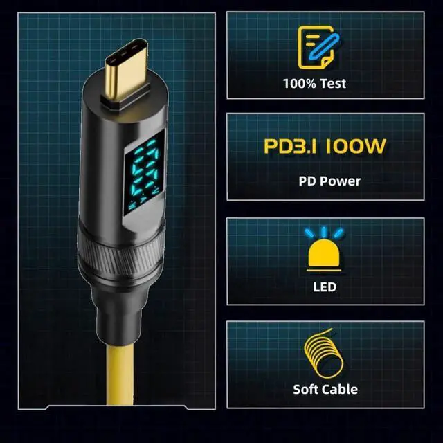 Alt view image 2 of 7 - WRIARICH 1.8M (5.91FT) Coiled USB-C to USB-C Cable with Digital Display & Power Meter, 20Gbps, 8K@60Hz, 100W PD Charging