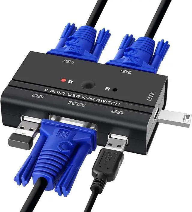 Main image of WRIARICH 2 Port VGA USB KVM Switch with Cables, 2 Computers Share 1 VGA Monitor & 3 USB Devices Keyboard Mouse Printer Scanner