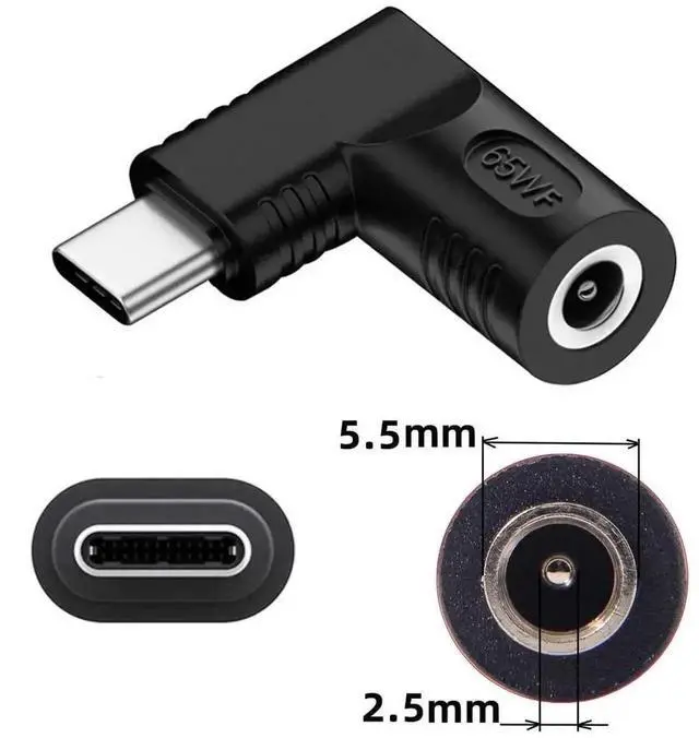 Alt view image 3 of 7 - WRIARICH 65W 90 Degree Right Angle DC 5.5x2.5mm to USB-C PD Power Adapter, 20V DC Barrel Input to Type-C Output Charging Converter Plug