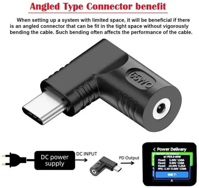 Alt view image 2 of 7 - WRIARICH 65W 90 Degree Right Angle DC 2.5x0.7mm to USB-C PD Power Converter Plug, 20V DC Barrel Input to Type-C Output Charging Adapter
