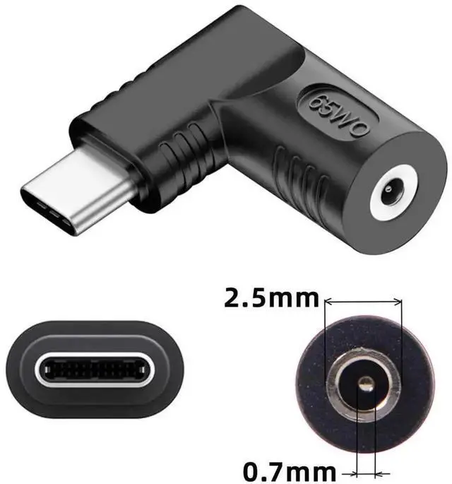 Alt view image 5 of 7 - WRIARICH 65W 90 Degree Right Angle DC 2.5x0.7mm to USB-C PD Power Converter Plug, 20V DC Barrel Input to Type-C Output Charging Adapter