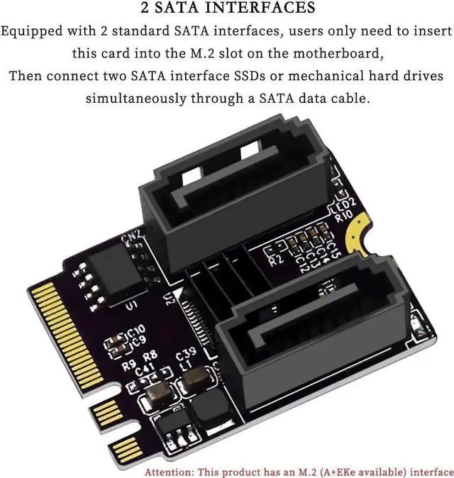 Alt view image 2 of 7 - WRIARICH PCIe 3.0 M.2 NGFF A+E Key to Dual SATA Adapter Card, JMB582 Chip, 6Gbps SATA Expansion for 2230 M.2 Slot PC & Server