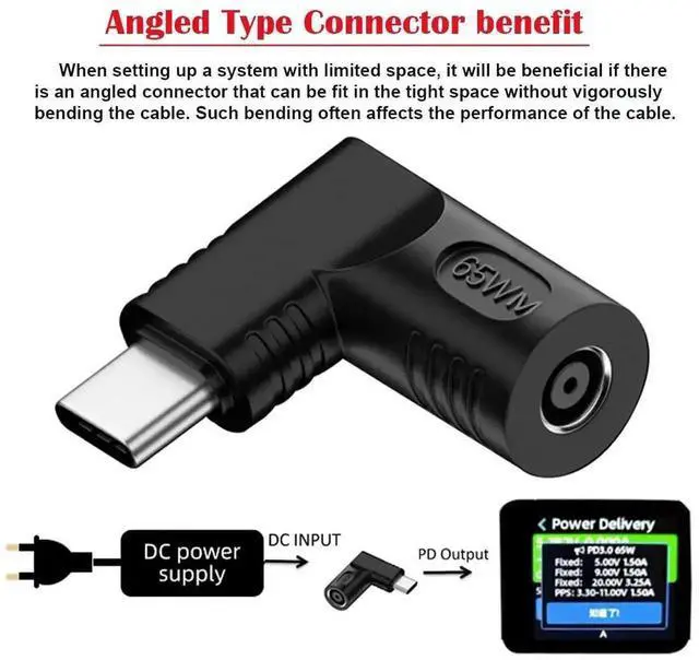 Alt view image 3 of 7 - WRIARICH 65W 90 Degree Right Angle DC 4.5x3.0mm to USB-C PD Power Adapter, 20V DC Barrel Input to Type-C Output Charging Converter Plug