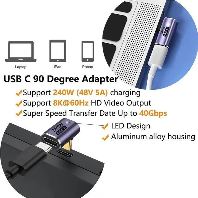 Alt view image 7 of 7 - WRIARICH 2 Pack 180 Degree Flat USB C Adapter, Full Function Type-C Male to Female Extender Support 40Gbps Data, PD 240W Charging & 8K@60Hz Video Output