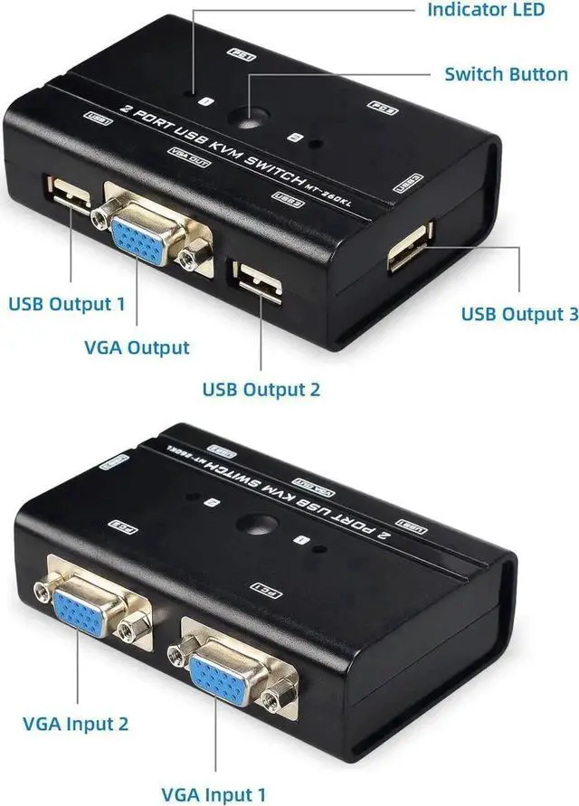 Alt view image 2 of 6 - WRIARICH 2-Port VGA USB KVM Switch with Cables, Share 1 Monitor & 3 USB Devices for 2 PCs, Support Keyboard Mouse Printer Scanner