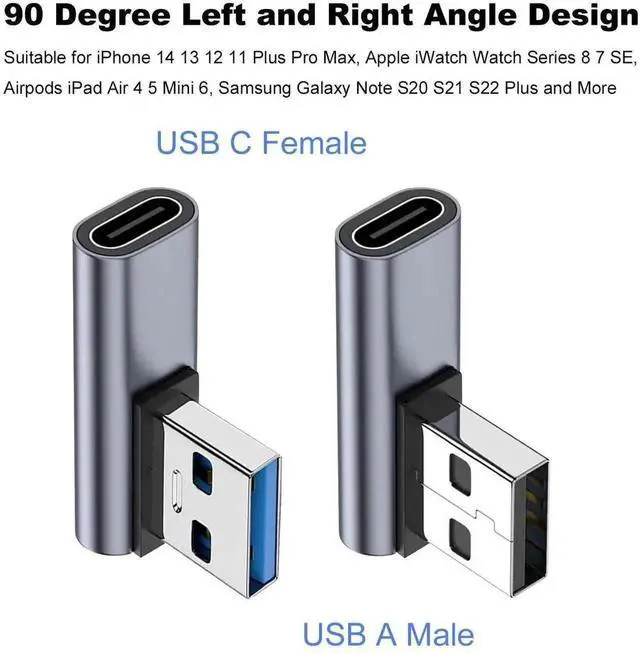 Alt view image 6 of 6 - WRIARICH2 Pack 90 Degree Left & Right Angle USB C Female to USB A Male Adapter, Type C to USB A Fast Charging Connector Compatible with iPhone, Apple Watch, AirPods, iPad Air/Mini & More USB-C Devices