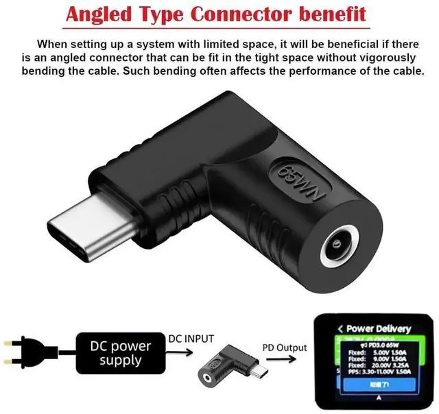 Alt view image 3 of 7 - WRIARICH 65W 90 Degree Right Angled DC 20V 3.5x1.3mm Female to USB-C PD Charging Adapter, DC Jack to Type-C Power Converter Plug for Laptops, Phones and Tablets