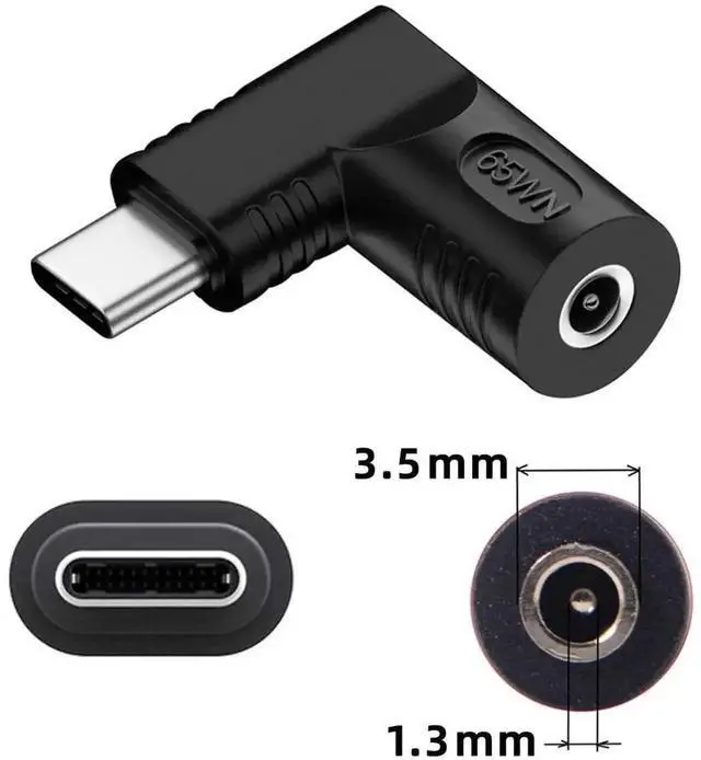 Alt view image 4 of 7 - WRIARICH 65W 90 Degree Right Angled DC 20V 3.5x1.3mm Female to USB-C PD Charging Adapter, DC Jack to Type-C Power Converter Plug for Laptops, Phones and Tablets
