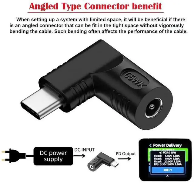 Alt view image 3 of 7 - WRIARICH 65W 90 Degree Right Angled DC 20V 4.0x1.7mm to USB-C PD Charging Adapter, DC Jack Input to Type-C Power Converter Plug for Laptops, Phones & Tablets