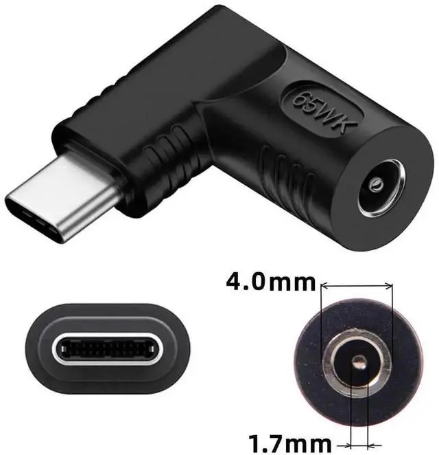 Alt view image 7 of 7 - WRIARICH 65W 90 Degree Right Angled DC 20V 4.0x1.7mm to USB-C PD Charging Adapter, DC Jack Input to Type-C Power Converter Plug for Laptops, Phones & Tablets