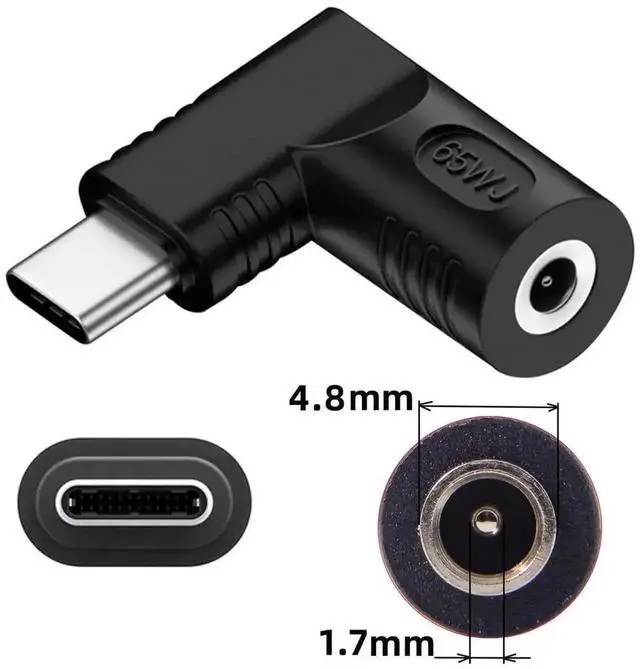 Alt view image 4 of 7 - WRIARICH 65W 90 Degree Right Angled DC 4.8x1.7mm Input to USB-C PD Charging Adapter, DC 20V Jack to Type-C Power Converter Plug for Laptops & Phones