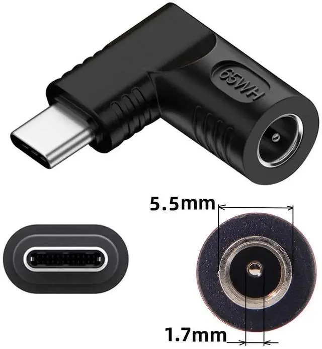 Alt view image 3 of 7 - WRIARICH 65W Right Angle DC 5.5x1.7mm to USB-C PD Power Adapter, 20V DC Input to Type-C Output 90 Degree Elbow Charging Converter Plug