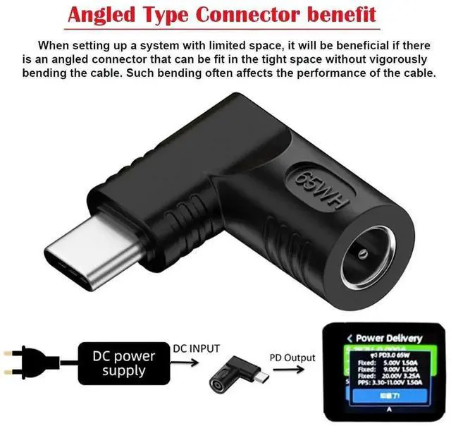 Alt view image 7 of 7 - WRIARICH 65W Right Angle DC 5.5x1.7mm to USB-C PD Power Adapter, 20V DC Input to Type-C Output 90 Degree Elbow Charging Converter Plug