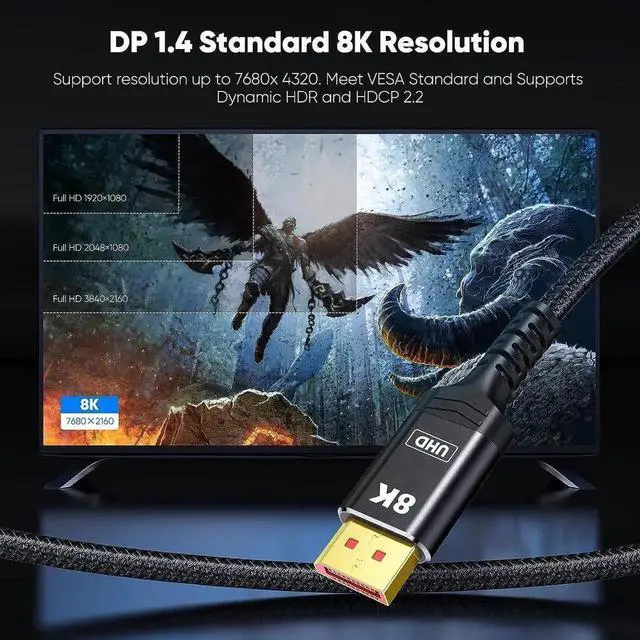 Alt view image 3 of 7 - WRIARICH 10FT Nylon Braided DP 1.4 DisplayPort Cable, 32.4Gbps High Speed Cord Supports 8K@60Hz, 4K@144Hz, 2K@240Hz/165Hz/144Hz, HDR HDCP FreeSync G-Sync for Gaming Monitor GPU PC