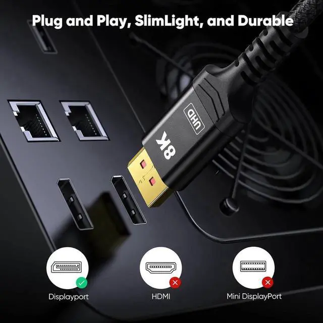 Alt view image 7 of 7 - WRIARICH 10FT Nylon Braided DP 1.4 DisplayPort Cable, 32.4Gbps High Speed Cord Supports 8K@60Hz, 4K@144Hz, 2K@240Hz/165Hz/144Hz, HDR HDCP FreeSync G-Sync for Gaming Monitor GPU PC