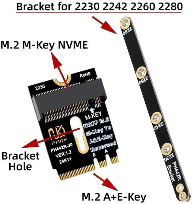 Alt view image 2 of 7 - WRIARICH 2230 NGFF A+E-Key Male to NVME M-Key Female PCIe 4.0 SSD Extension Adapter with Mount Bracket, Convert Laptop 2230 Slot to Support 2280 NVMe SSD