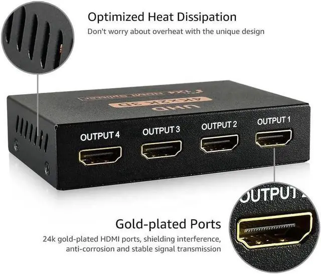 Alt view image 3 of 6 - WRIARICH 1 in 4 Out HDMI Splitter, 4K 2160P 3D HD Audio Video Splitter for Multi-Display Setup