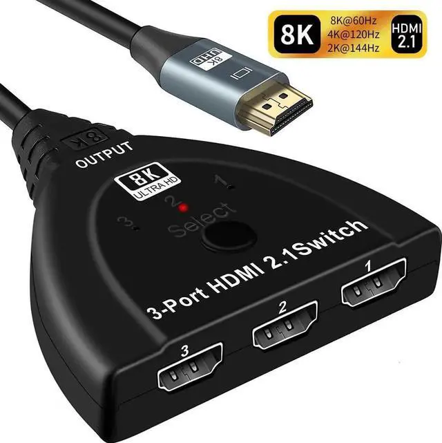 Main image of 3 in 1 Out HDMI 2.1 Switch with Built-In Pigtail Cable, 8K@60Hz 4K@120Hz 48Gbps 3-Port HDMI Signal Selector Hub, Supports HDR 3D HDCP2.3, Compatible with Xbox Series X/S, PS5 PS4 PS3, Mac, Roku TV, Fi