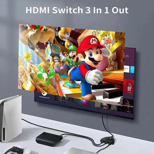 Alt view image 7 of 7 - 3 in 1 Out HDMI 2.1 Switch with Built-In Pigtail Cable, 8K@60Hz 4K@120Hz 48Gbps 3-Port HDMI Signal Selector Hub, Supports HDR 3D HDCP2.3, Compatible with Xbox Series X/S, PS5 PS4 PS3, Mac, Roku TV, Fi