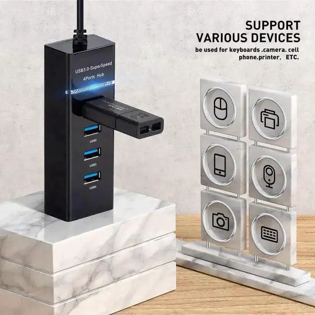 Alt view image 2 of 6 - WRIARICH 4-Port USB 3.0 Multiport Hub, Portable USB Splitter for Keyboard, Mouse, Printer, USB Fan, LED Lamp, Flash Drives & Portable Storage