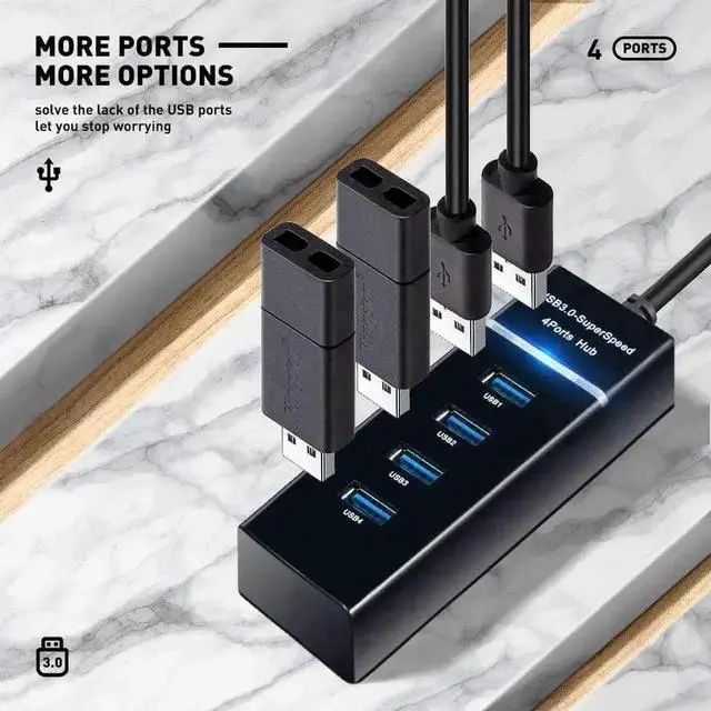 Alt view image 3 of 6 - WRIARICH 4-Port USB 3.0 Multiport Hub, Portable USB Splitter for Keyboard, Mouse, Printer, USB Fan, LED Lamp, Flash Drives & Portable Storage