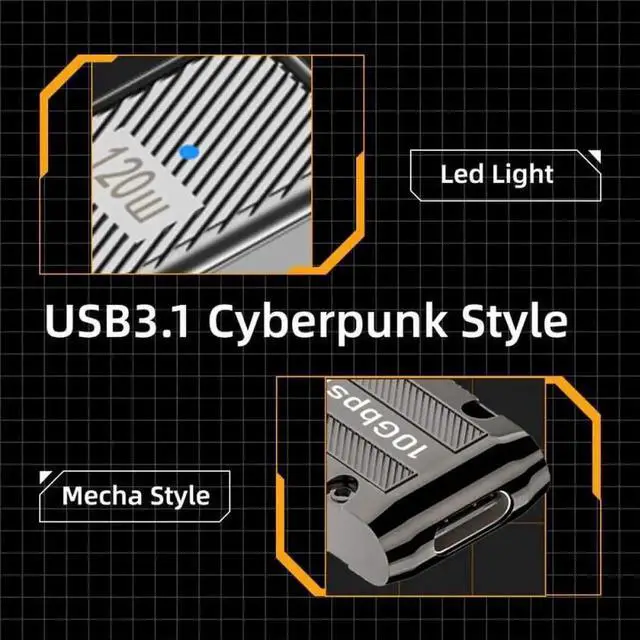Alt view image 3 of 7 - WRIARICH Low Profile 90 Degree Down Angled USB 3.1 Type-C Female to USB 3.0 Type-A Male Adapter, 10Gbps Data Transfer & 120W Power Pass Through Connector, Mecha Cyberpunk Design