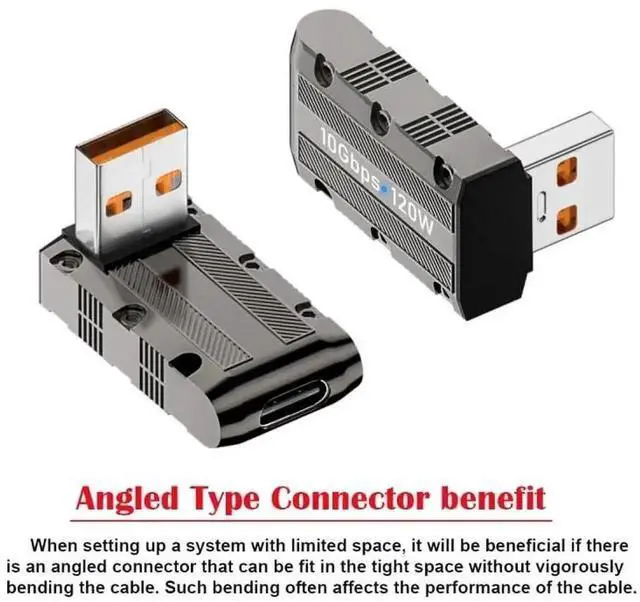 Alt view image 4 of 7 - WRIARICH Low Profile 90 Degree Down Angled USB 3.1 Type-C Female to USB 3.0 Type-A Male Adapter, 10Gbps Data Transfer & 120W Power Pass Through Connector, Mecha Cyberpunk Design
