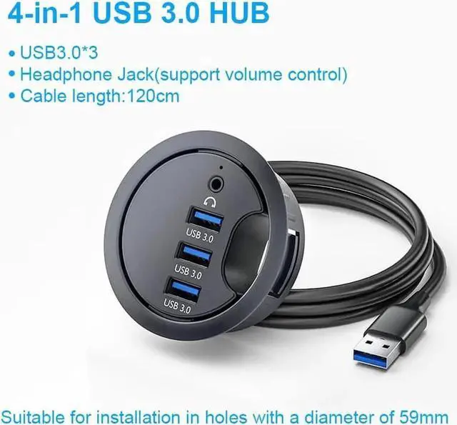 Alt view image 4 of 7 - WRIARICH Desk Grommet USB 3.0 Hub, 60mm Hole Size, 4.9Ft Cord, 2 USB3.0 Type-A, 1 USB-C, 3.5mm Audio Jack, Desktop Cable Management Grommet, Home Office PC Desk Accessory